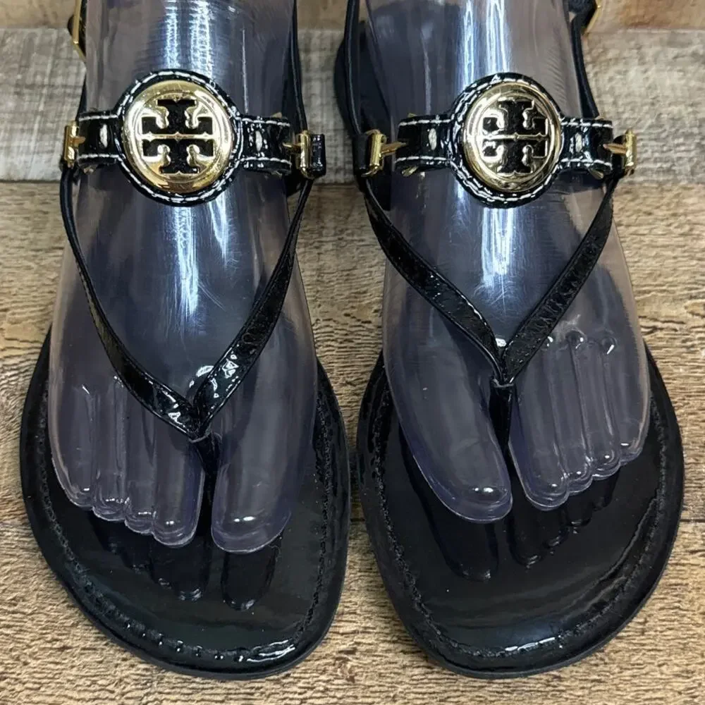 Tory Burch Ali Slingback Black Patent Leather Sandals Gold Metal Logo Size 8